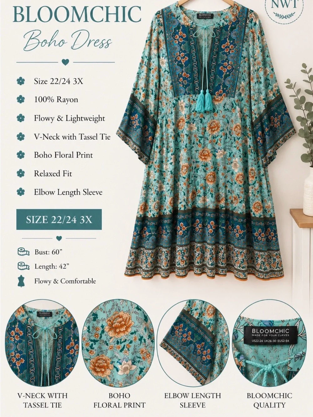 BloomChic Teal & Navy Boho Midi Dress - Picture 1 of 7